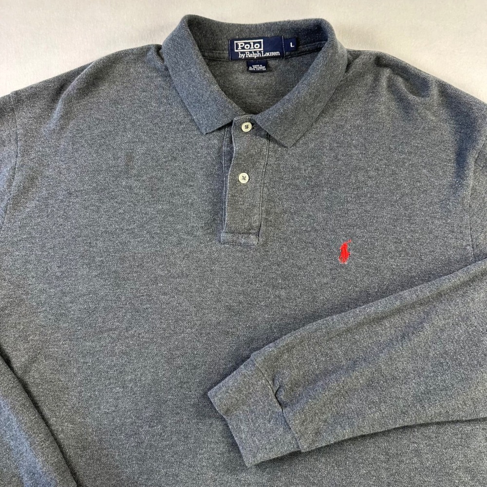 Polo Ralph Lauren Mens Long Sleeve Polo Shirt Gray Cotton Pique Pony Logo Large